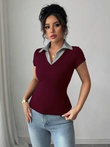 Selianne Blusa casual elegante de negocios Rafferiza para mujer, cómoda y sofisticada, con escote en V, de rayas, 2 en 1, de tela acanalada elástica de alta calidad, corte ajustado, para primavera/verano, de manga corta, en color rojo borgoña