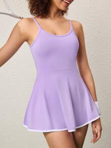 CourtClass Asymmetrical Hemline Twist Knot Waist Sports Dress With Pockets, Spring/Summer Athletic Dress - Purple - View 4
