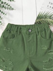 Tween Girl Daily Boho Casual Ripped Raw Hem Elastic Waist Denim Shorts - Green - View 8