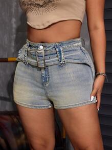 SHEIN ICON Quần short denim thường ngày có thiết kế thắt eo cỡ lớn dành cho nữ - Rửa nhẹ - Xem 5