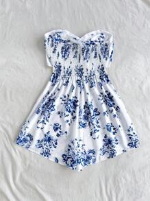 Dreamara Jumpsuit Tanpa Lengan Model Halter Motif Bunga untuk Wanita Ukuran Besar, Gaya Bohemian Boho, Romantis, Liburan Bermotif Bunga - Blue and White - View 2