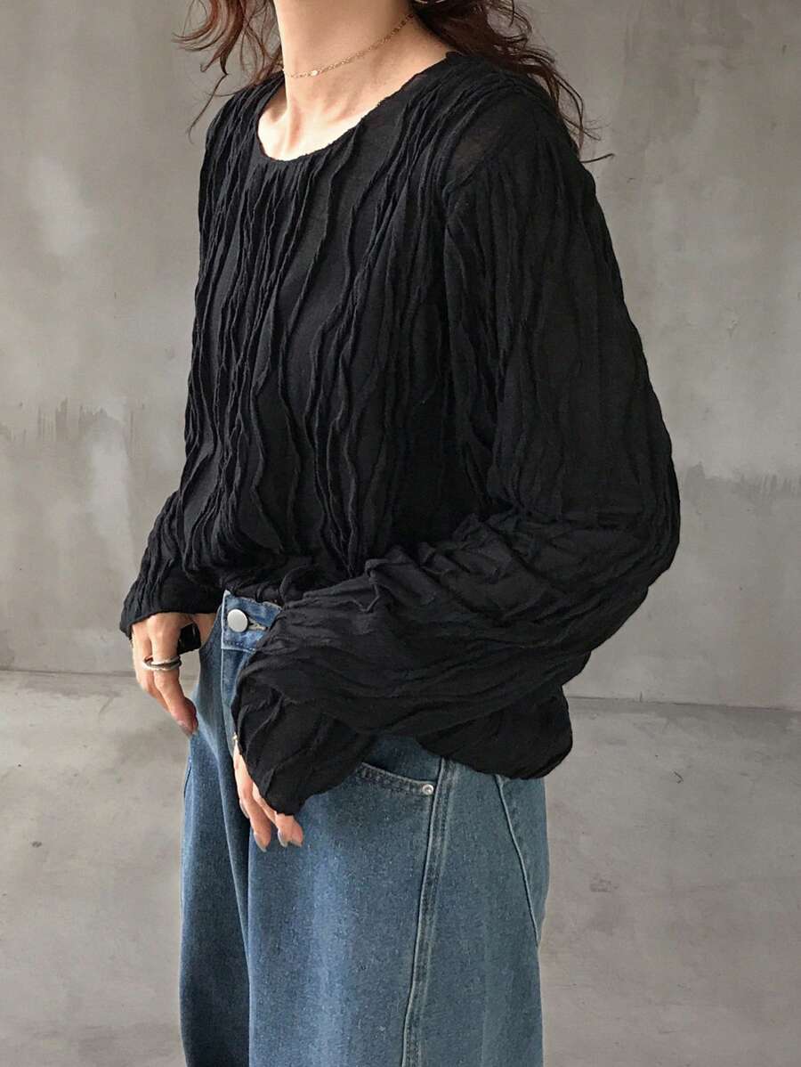 FRIFUL 女式白色宽松圆领衬衫，纹理面料休闲上衣长袖上衣 - 黑色 - 查看 1