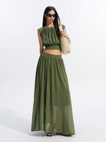 LYSMO 女士绿色宽松上衣薄纱裙两件套 - 春夏 - 綠色 - 查看 4