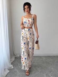 Elenzga Women's Elegant Apricot Ditsy Floral V-Neck Racerback Camisole + Women's Graceful Ditsy Floral Straight Leg Pants, Spring/Summer - Multicolor - View 5