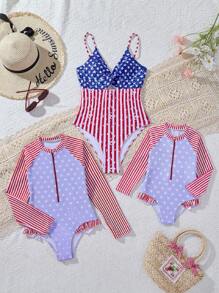 Tween Girls' Fashionable Striped & Star Patchwork One-Piece Swimsuit - Multicolor - View 1