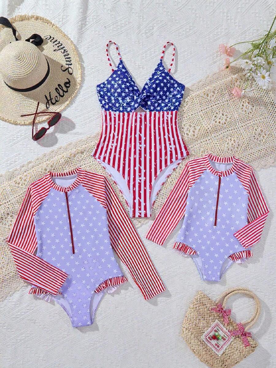 Tween Girls' Fashionable Striped & Star Patchwork One-Piece Swimsuit - Multicolor - View 1