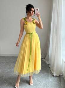 Rafferiza 时尚优雅细肩带 A 字形刺绣花卉中长连衣裙，黄色，适合春夏季 - 黃色 - 查看 3