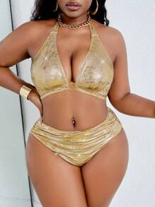 Slaydiva Plus Size Metallic Sexy Party Swimsuit Set For Summer Beach Vacation - Gold - View 3