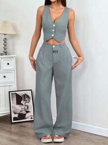 SHEIN EZwear 女士亚麻简约条纹印花抹胸长裤两件套秋冬 - 墨綠色 - 查看 5