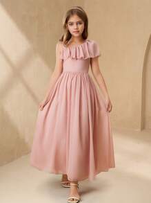 SHEIN 少女纯色荷叶边单肩优雅连衣裙 - 粉色 - 查看 6