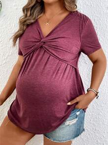 SHEIN Solid Color Maternity Short Sleeve T-Shirt With Front Twist Decor, Casual