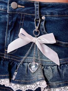 ROMWE J-Fashion Shibuya Y2K Ajji Lace Rhinestone Heart & Bow Ornament Denim A-Line Skirt For Women - Blue - View 3
