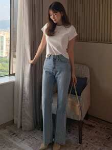 DAZY 女式圆领纯色基本款短袖 T 恤，白色，春夏，商务休闲女装 - 白色 - 查看 7