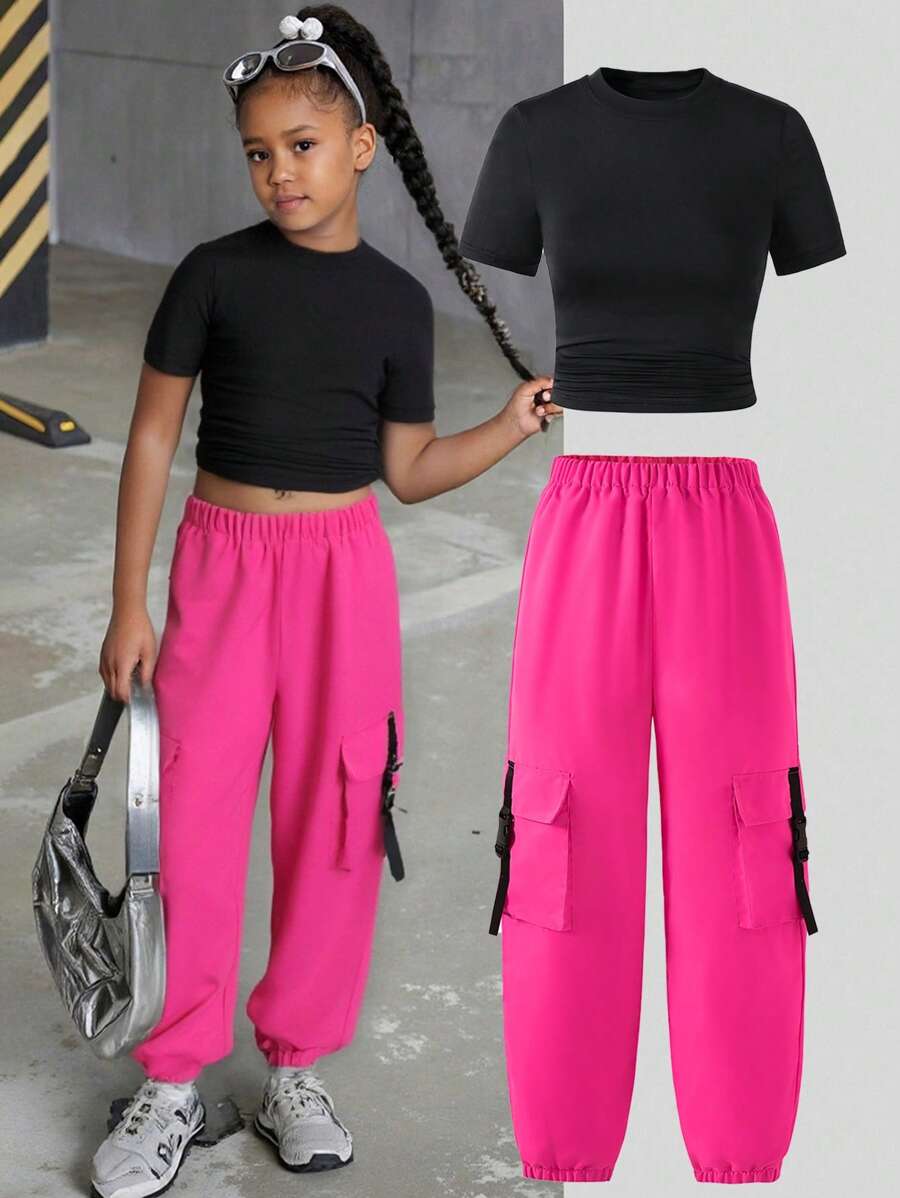 2pcs Teenage Girl Set: Lip-Printed Top + Utility Cargo Pants - Hot Pink - View 1