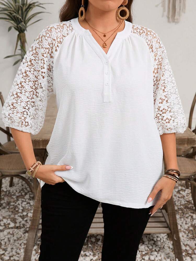 プラスサイズ レディース 無地 レース パッチワーク ラグラン袖 チュニックブラウス、夏、カントリー、ボヘミアンスタイルに適しています