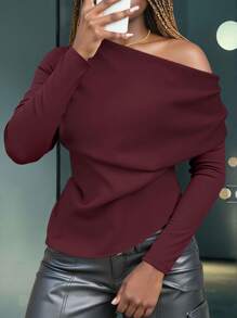Women's Solid Color Asymmetric Collar Long Sleeve Casual T-Shirt - Burgundy - View 3