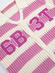 Manfinity Hypemode MEN Prep Men's Letter Pink Striped Embroidery Pattern Sweater, Football Style, Suitable For Valentine's Day - Pink - View 5