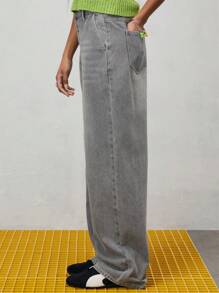COUREZ 高腰宽松牛仔裤/女士夏季穿搭/Y2K/休闲/纯棉高街复古 - 灰色 - 查看 7