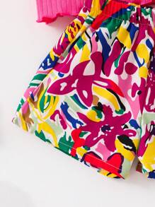 SHEIN Leap Crew 2pcs Young Girl Casual Vacation Solid Color Short Sleeve Top & Allover Print Shorts Set - Hot Pink - View 6