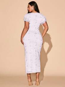 SHEIN BAE فستان نسائي أنيق بطبعة زهور كبيرة على شبكة، طويل الطول، ضيق التفصيل، أكمام مناسبة، مناسب للارتداء اليومي، للخروج، المواعيد، الغداء، العطلات، موسم الربيع/الصيف، عودة إلى المدرسة، فساتين عيد ميلاد للنساء