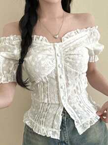 DAZY Áo cánh trễ vai viền bèo nhún cài đơn thời trang thu đông cho nữ - trắng - Xem 6