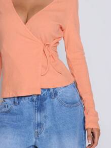 MUSERA 罗纹针织裹身交叉芭蕾舞蝴蝶结侧系上衣，可爱浪漫，适合机场度假、返校季、秋季、冬季、圣诞节等各种场合，优雅时尚