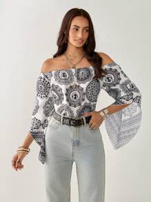 Florisole 女士休闲通勤宽松露肩七分袖上衣 - 彩色 - 查看 5