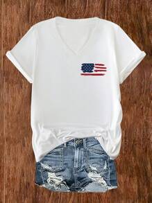 SHEIN LUNE Women Summer Short Sleeve Casual T-Shirt With Letter And American Flag Print - White - View 3