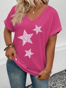 SHEIN T-shirt casual versatile da donna con scollo a V, maniche a polso e stampa a stelle, taglie comode per donne con taglie forti