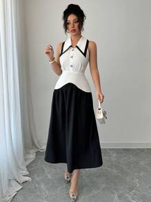 Elenzga Vestido sem mangas preto e branco com blocos de cores e comprimento médio - Preto e Branco - Ver 1