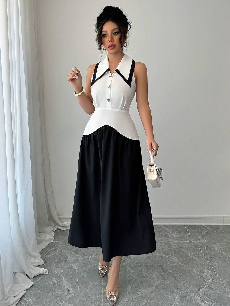 Elenzga Vestido sem mangas preto e branco com blocos de cores e comprimento médio - Preto e Branco - Ver 1