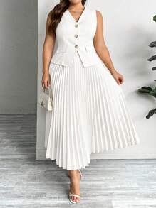 SHEIN Privé Conjunto de traje de blazer sin mangas minimalista de moda + falda larga plisada, conjunto de traje talla grande