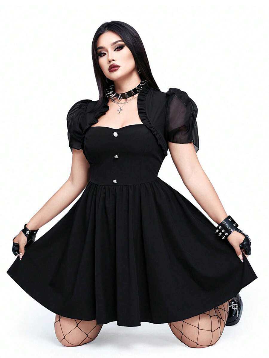 Whyspr Vestido Patchwork de Manga Bufante de Organza Estilo Casual Punk Rave Plus Size - Preto - Visão 1