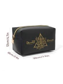 HARRY POTTER X SHEIN 1 pieza Bolsa de maquillaje de gran capacidad con patrón geométrico y de letras de las Reliquias de la Muerte, regalos, de vuelta a la escuela - Negro - Ver 4