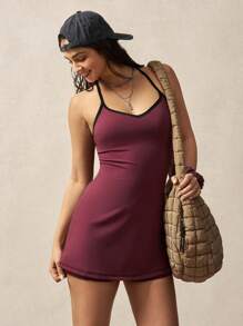 VARSIVA Women's Halter Design Casual Athletic Sports Mini Dress & Shorts - Burgundy - View 3