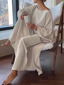 Livesso Bohemian Textured Fabric Cropped Top & Long Wide Leg Pants Women's Lounge Set, Fall Winter Clothes, Cozy Outfit - Khaki - View 4