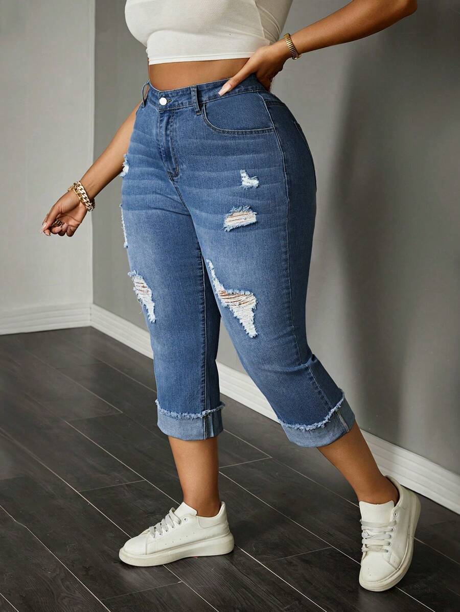 SHEIN Stretch Jeans in 7/8 Länge mit ausgefranstem Saum für große Größen