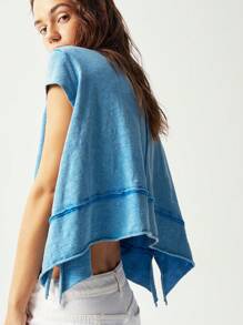 Bohemela Áo thun nữ cổ tròn tay ngắn màu trơn đơn giản không đối xứng viền - Màu xanh lam - Xem 4