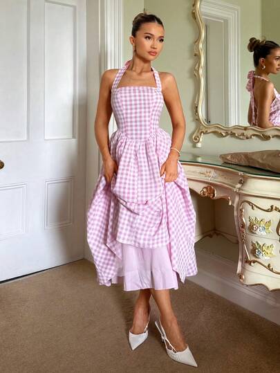 Glamine Charm 春夏田园公主风修身蓬蓬硬网纱A摆格子挂脖吊带女中长连衣裙