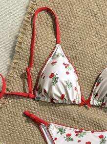 SHEIN Swim Bộ bikini xếp nếp màu đỏ in họa tiết quả anh đào ngọt ngào cho kỳ nghỉ hè của phụ nữ - Nhiều màu - Xem 3