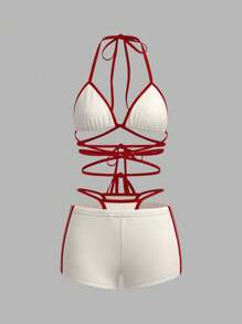 SHEIN ICON Bộ áo ba lỗ hở lưng màu tương phản cổ yếm và quần short ngắn cho nữ - Đỏ - Xem 3