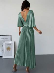 Firerie Vestido largo elegante y romántico de cuello en V con mangas con volantes, cintura alta y plisado dorado