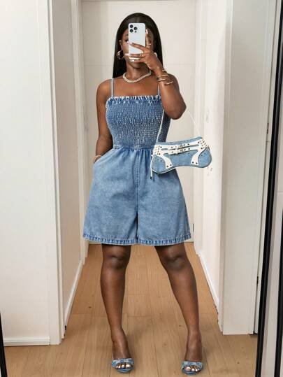 Slaydiva Spring And Summer New Style Casual Vacation Sling With Upper Body Wide-Leg Shorts Light Blue Washed Denim Women's Denim Jumpsuit-M