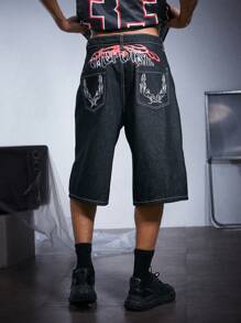 PAVTROS Manfinity Streetrush Men's Casual Washed Loose Denim Shorts - Black - View 2