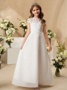 SHEIN Tween Girl Elegant High-End Lace Patchwork Glossy Satin Long Sleeve Flower Girl Dress For Weddings, Galas, Birthdays, Performances