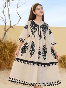 SHEIN Tween Girl Loose A-Line Retro Print Fringe Decor Long Dress - Apricot - View 7