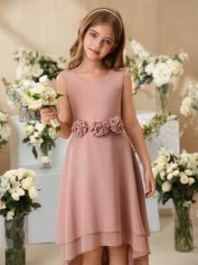 SHEIN Sukienka letnia dla dziewcząt w jednolitym kolorze, bez rękawów, z okrągłym dekoltem i modnym wzorem - Brudny różowy - Zobacz 7