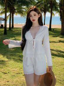 DAZY 2pcs Vacation Style Women Lace Patchwork Cardigan & Shorts Set,Fall Women Clothes