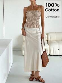 Siren Gaze Women Solid Color Spaghetti Strap Front Tie Casual Tank Top Summer - Apricot - View 3