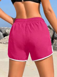 Swim SPRTY Vacation Beach Contrast Trim Drawstring Waist Beach Shorts For Summer - Hot Pink - View 2